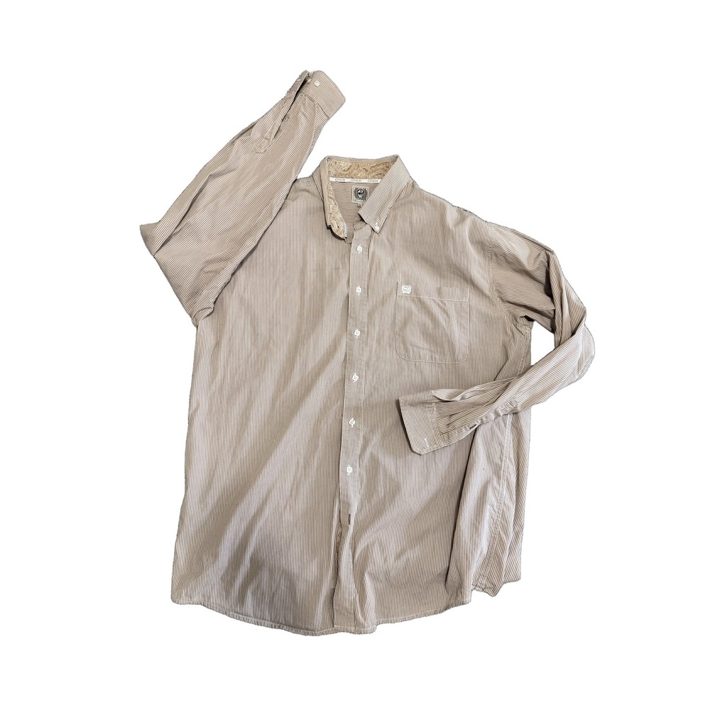 CINCH Men's XL Long Sleeve Button Down Shirt Beige Striped Western Cowboycore